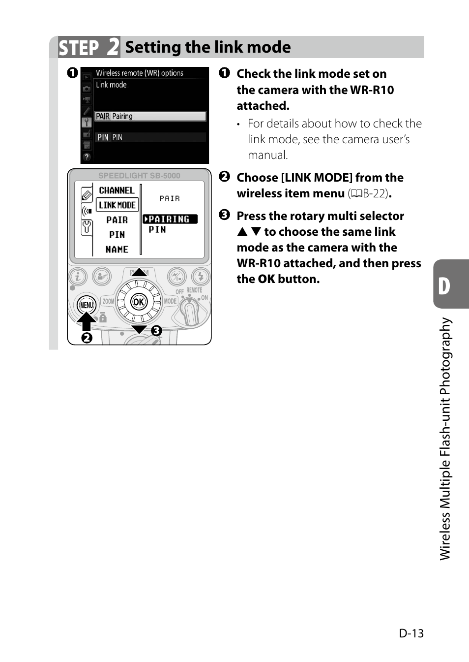 D-13), Step, Setting the link mode | Nikon SB-5000 AF Speedlight User Manual | Page 65 / 120