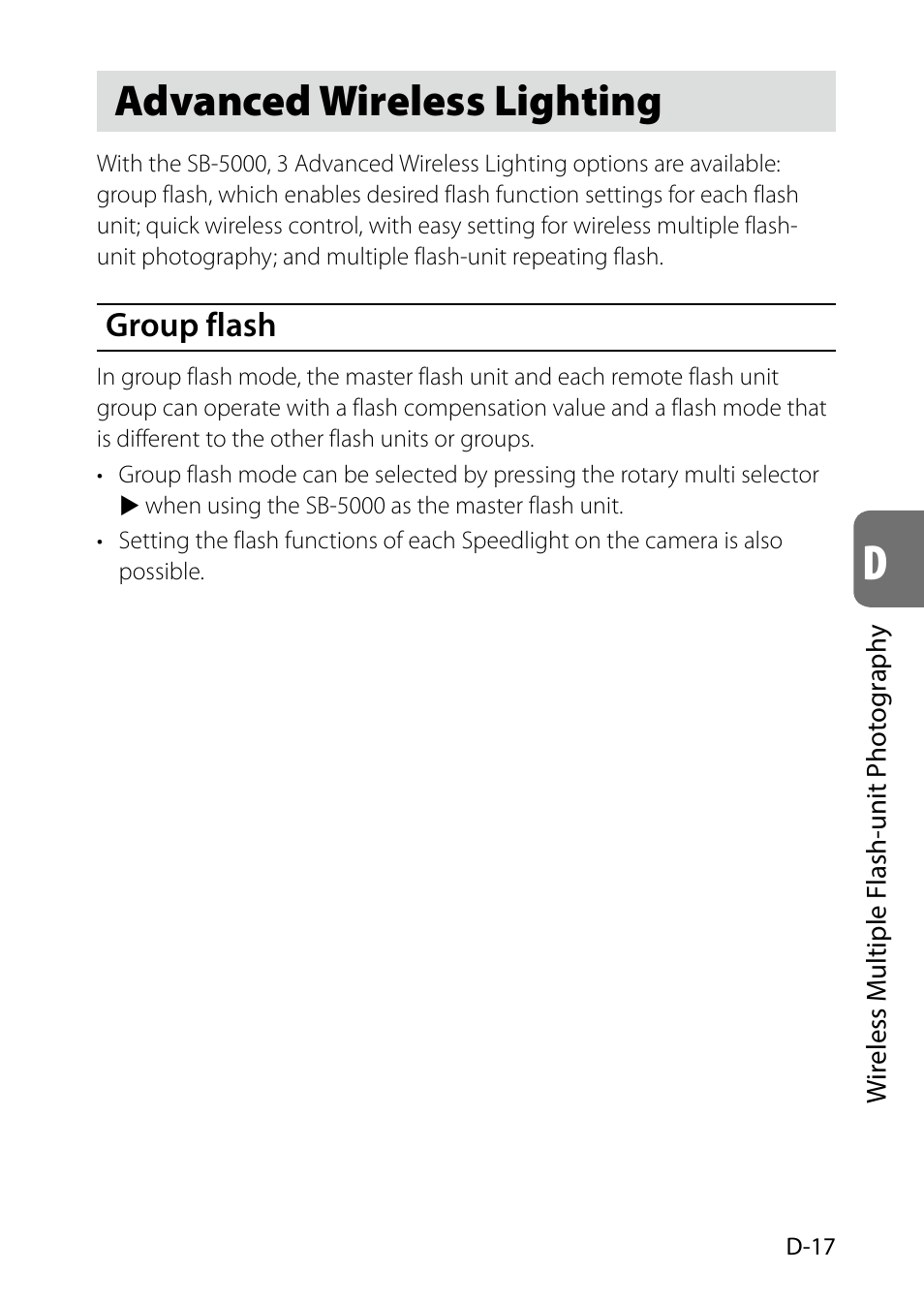 Advanced wireless lighting, D-17, Group flash | Nikon SB-5000 AF Speedlight User Manual | Page 69 / 120