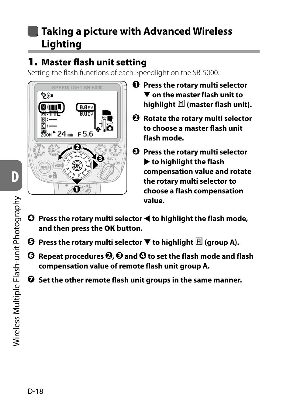 Taking a picture with advanced wireless lighting, Master flash unit setting | Nikon SB-5000 AF Speedlight User Manual | Page 70 / 120