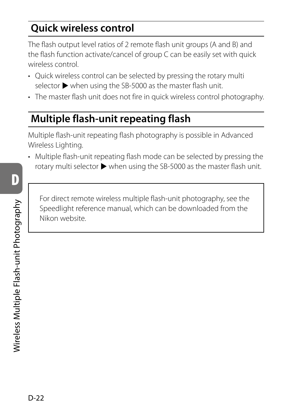 Quick wireless control, Multiple flash-unit repeating flash | Nikon SB-5000 AF Speedlight User Manual | Page 74 / 120