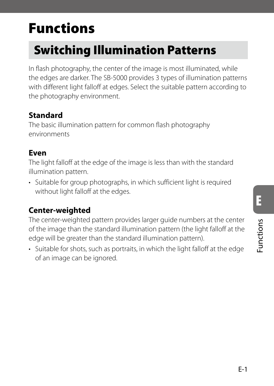 Functions, Switching illumination patterns | Nikon SB-5000 AF Speedlight User Manual | Page 85 / 120