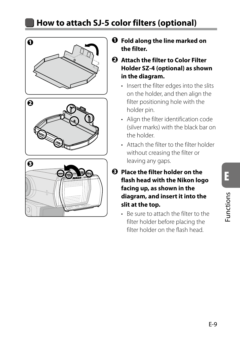 How to attach sj-5 color filters (optional), Functions | Nikon SB-5000 AF Speedlight User Manual | Page 93 / 120