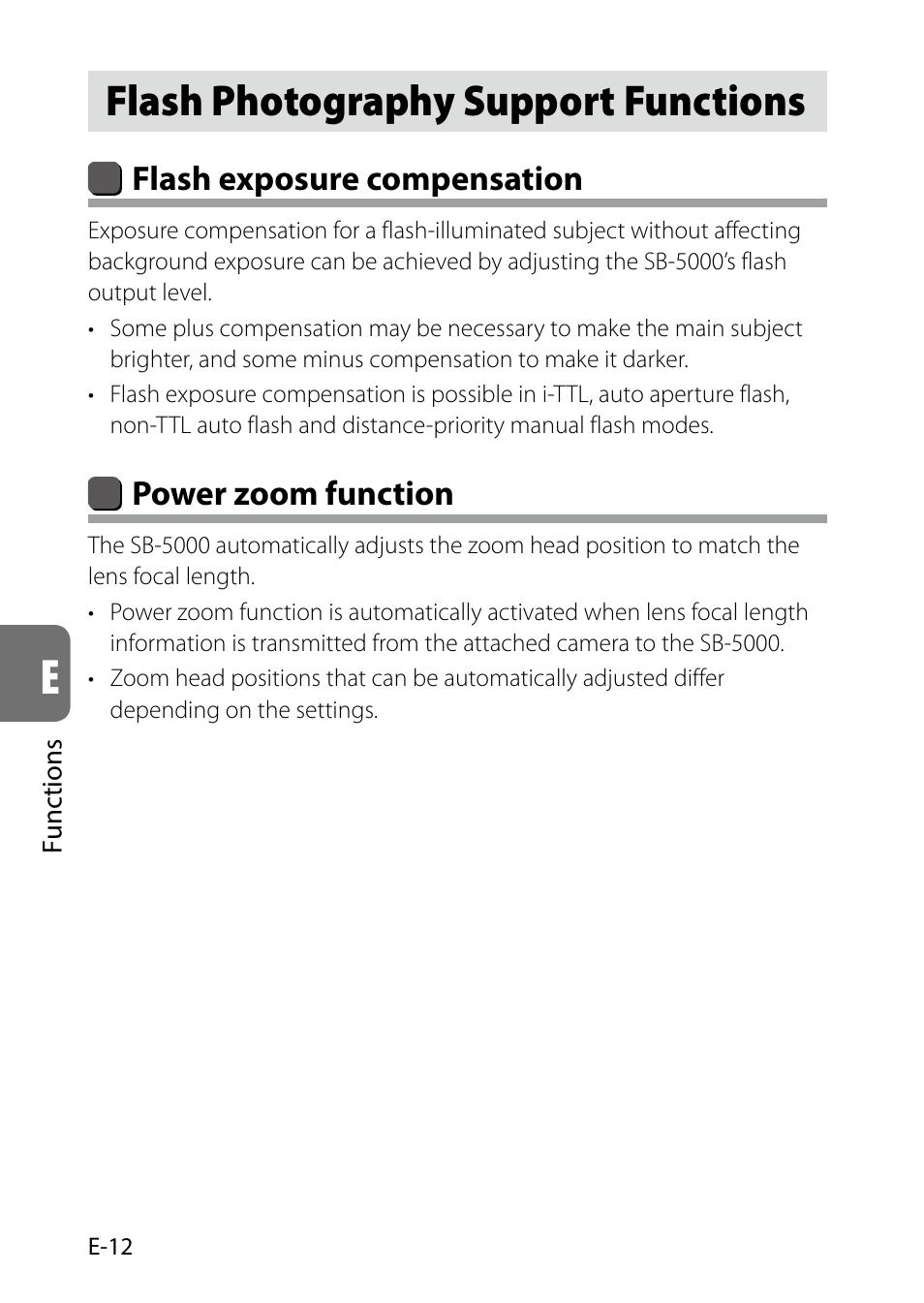 Flash photography support functions, E-12, E-12) | Flash exposure compensation, Power zoom function | Nikon SB-5000 AF Speedlight User Manual | Page 96 / 120