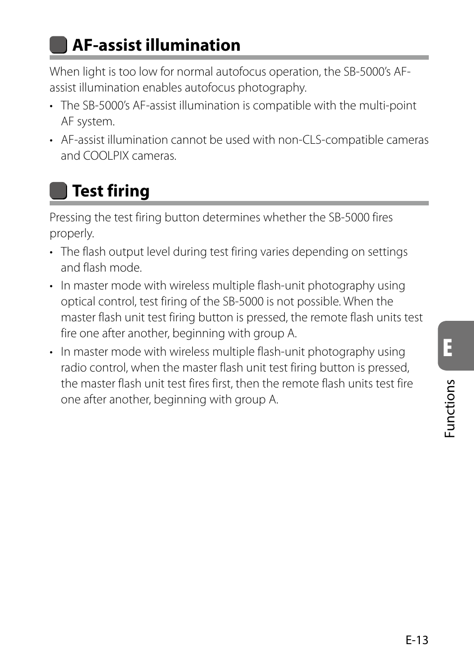 E-13), Af-assist illumination, Test firing | Nikon SB-5000 AF Speedlight User Manual | Page 97 / 120