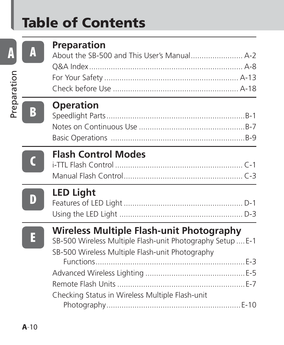 Table of contents a | Nikon SB-500 AF Speedlight User Manual | Page 10 / 96