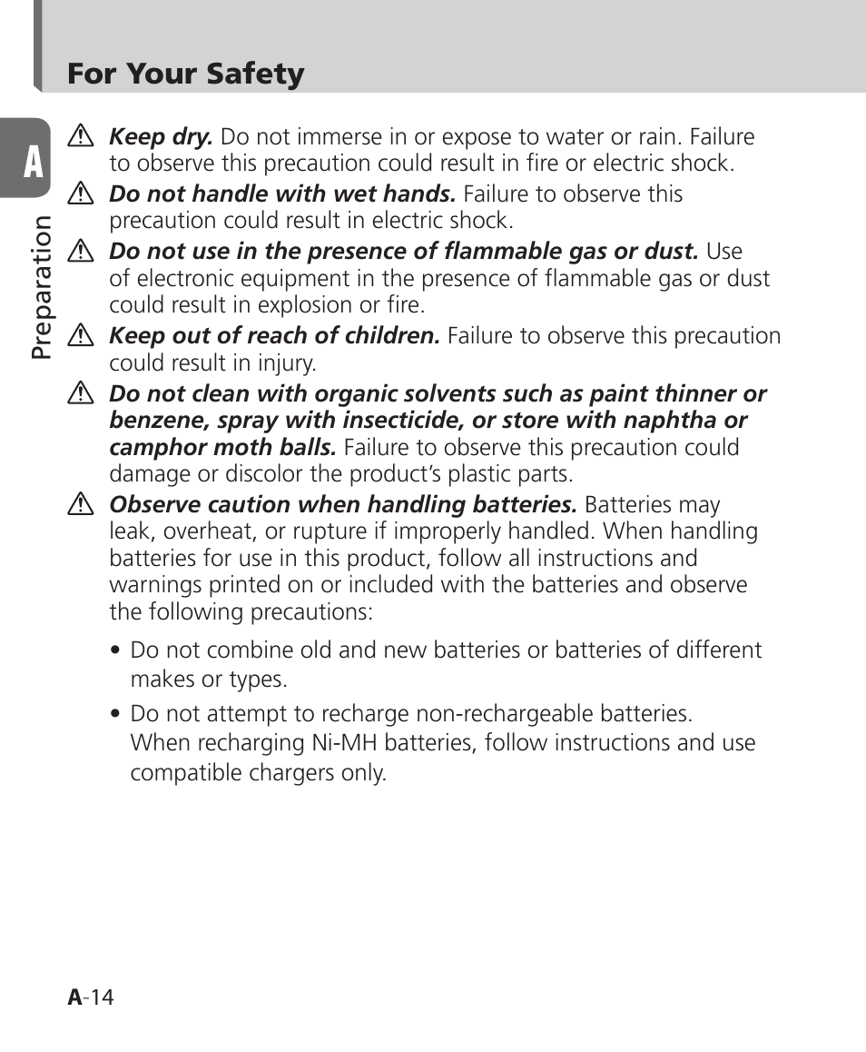 For your safety | Nikon SB-500 AF Speedlight User Manual | Page 14 / 96