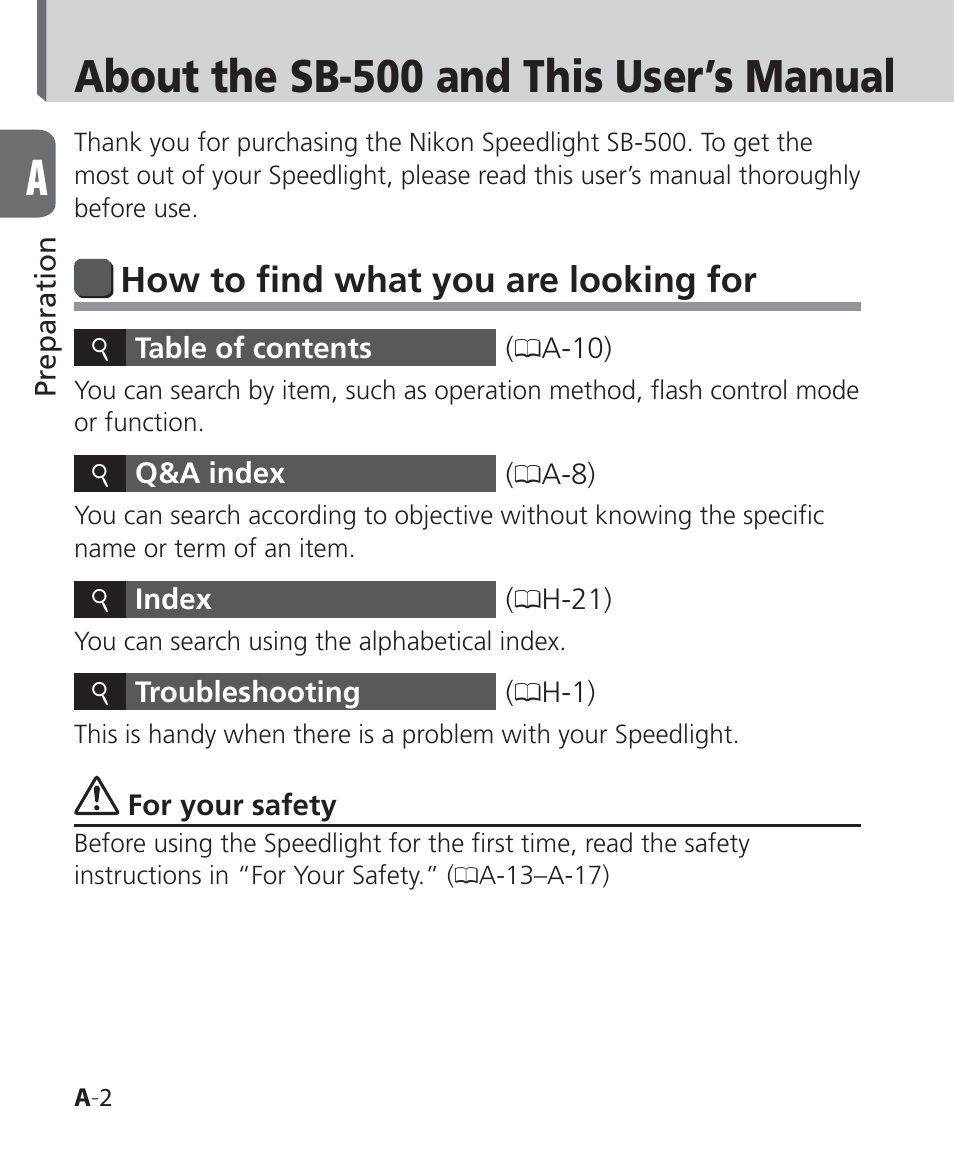 About the sb-500 and this user’s manual, How to find what you are looking for | Nikon SB-500 AF Speedlight User Manual | Page 2 / 96