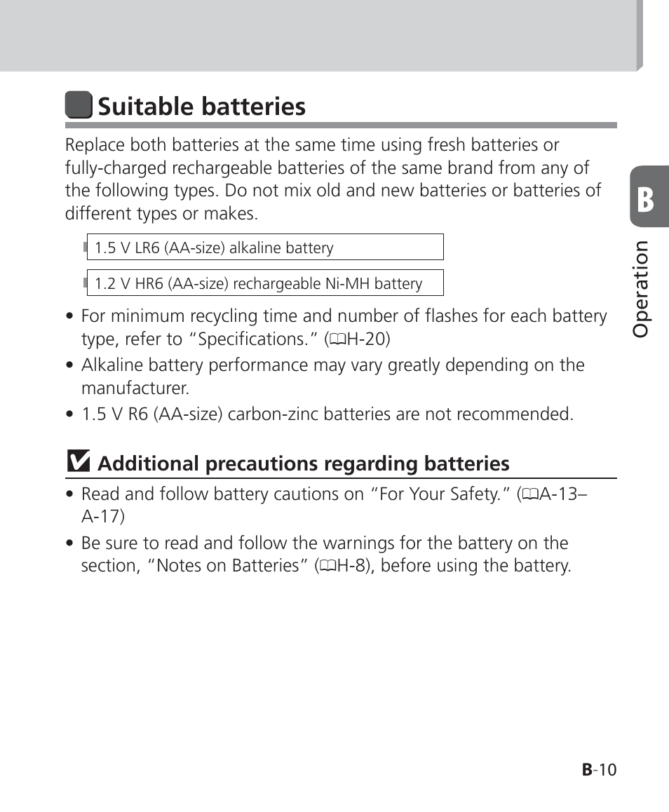 Suitable batteries | Nikon SB-500 AF Speedlight User Manual | Page 29 / 96