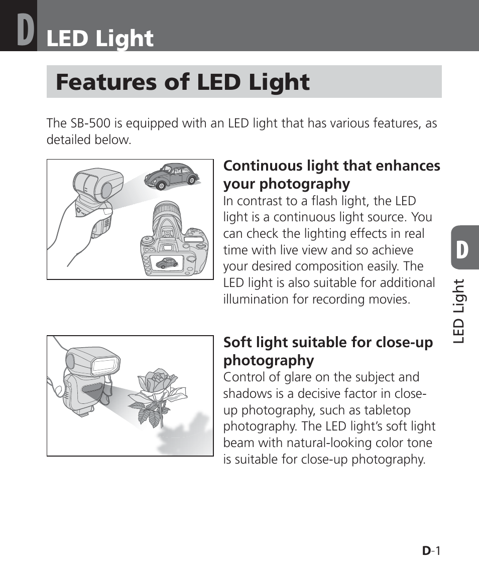 Led light, Features of led light | Nikon SB-500 AF Speedlight User Manual | Page 37 / 96