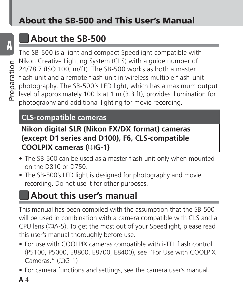 About the sb-500, About this user’s manual, About the sb-500 and this user’s manual | Nikon SB-500 AF Speedlight User Manual | Page 4 / 96