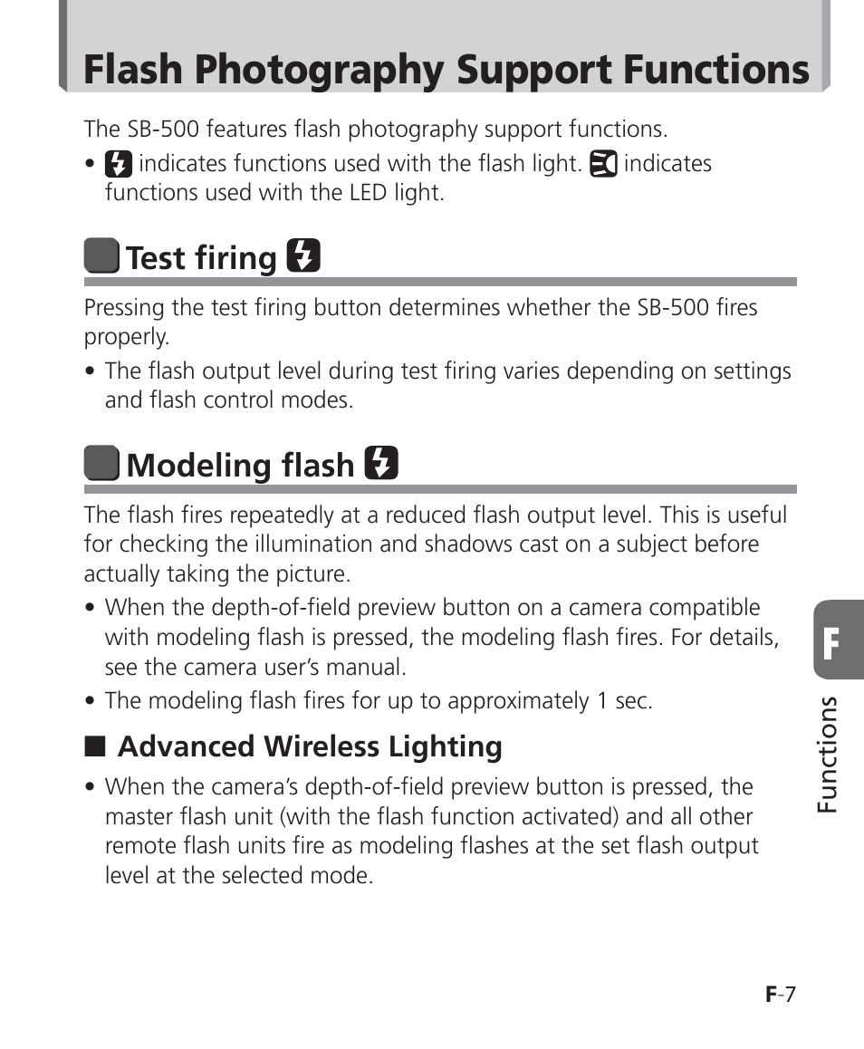 Flash photography support functions, Test firing, Modeling flash | Nikon SB-500 AF Speedlight User Manual | Page 59 / 96