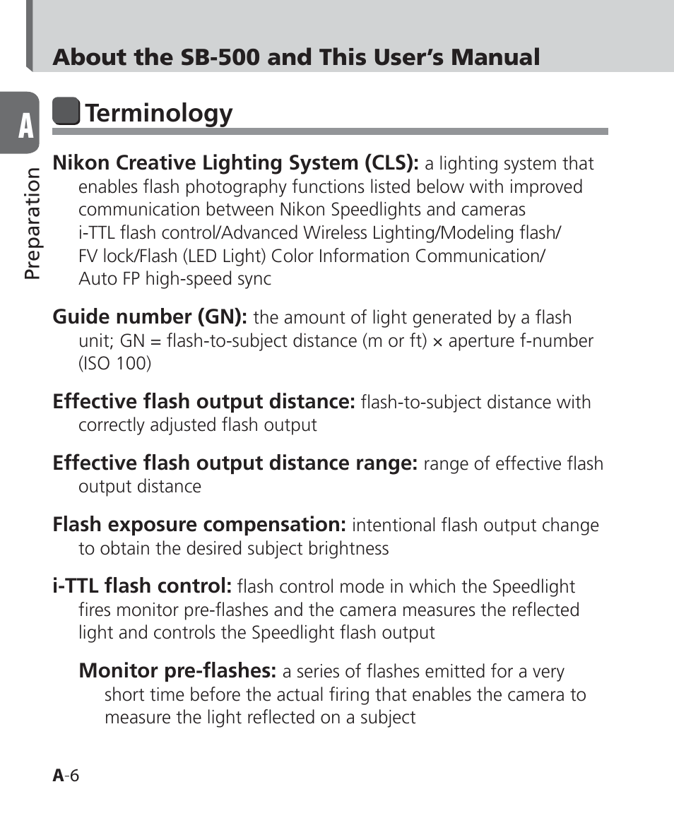 Terminology, About the sb-500 and this user’s manual | Nikon SB-500 AF Speedlight User Manual | Page 6 / 96