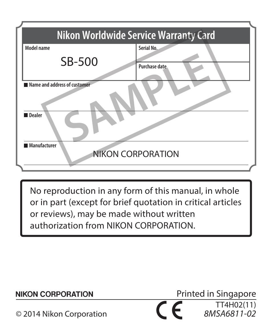 Sample, Sb-500, Nikon worldwide service warranty card | Nikon SB-500 AF Speedlight User Manual | Page 96 / 96