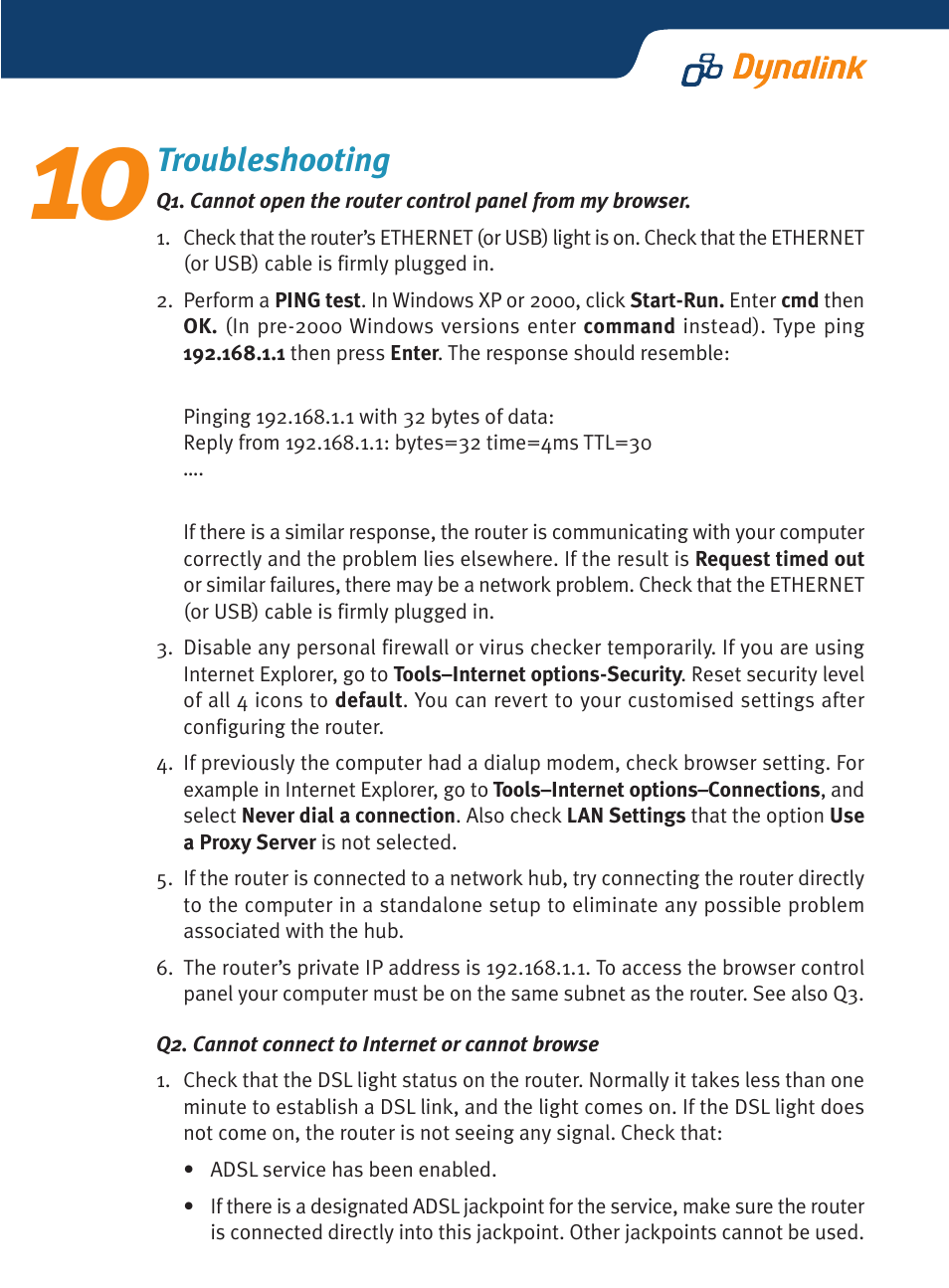 Troubleshooting | Dynalink RTA1320 User Manual | Page 12 / 15