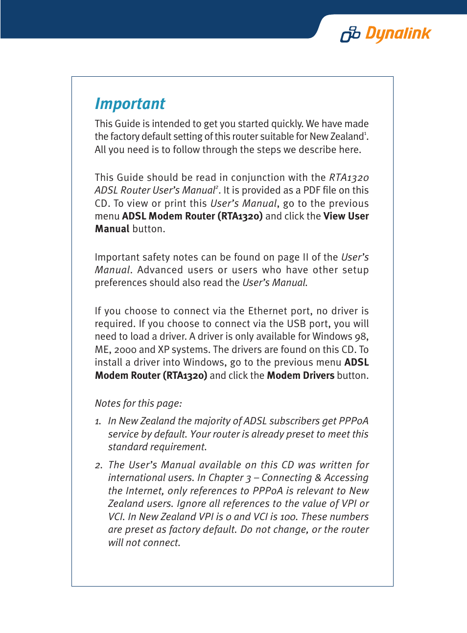 Important | Dynalink RTA1320 User Manual | Page 2 / 15