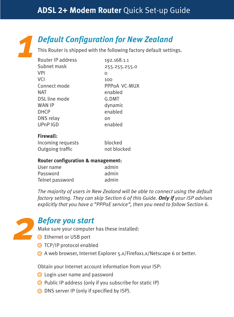 Default configuration for new zealand, Before you start, Adsl 2+ modem router quick set-up guide | Dynalink RTA1320 User Manual | Page 3 / 15