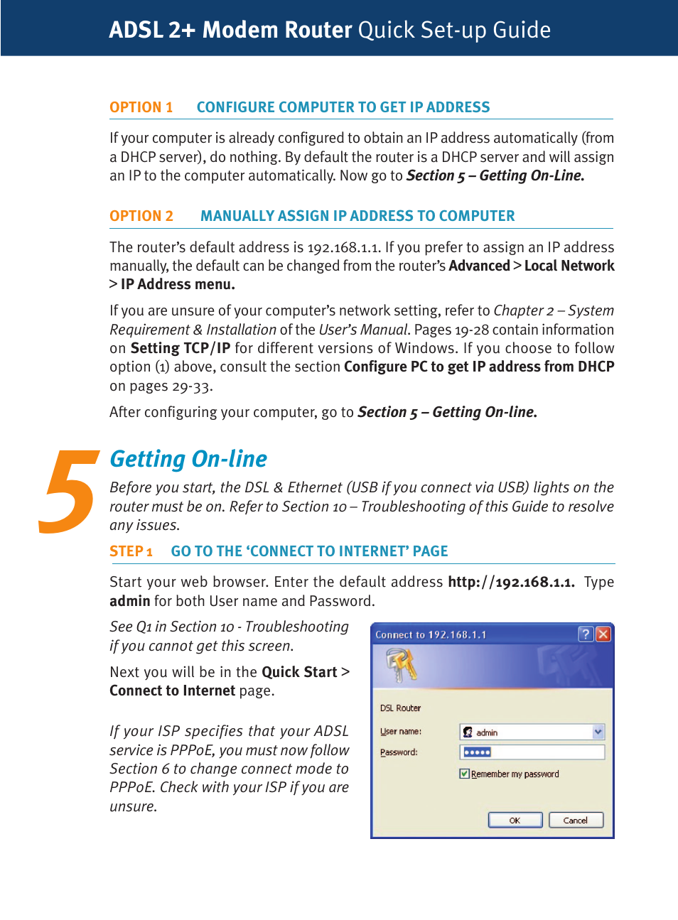 Getting on-line, Adsl 2+ modem router quick set-up guide | Dynalink RTA1320 User Manual | Page 5 / 15