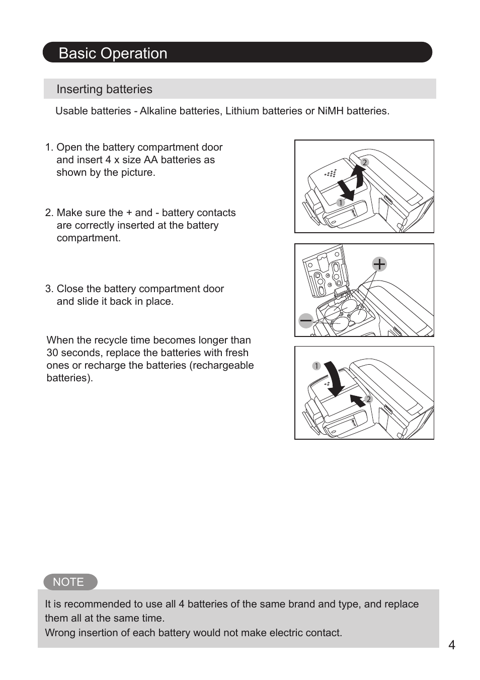 Basic operation, Inserting batteries | Nissin i400 TTL Flash for Cameras User Manual | Page 5 / 20