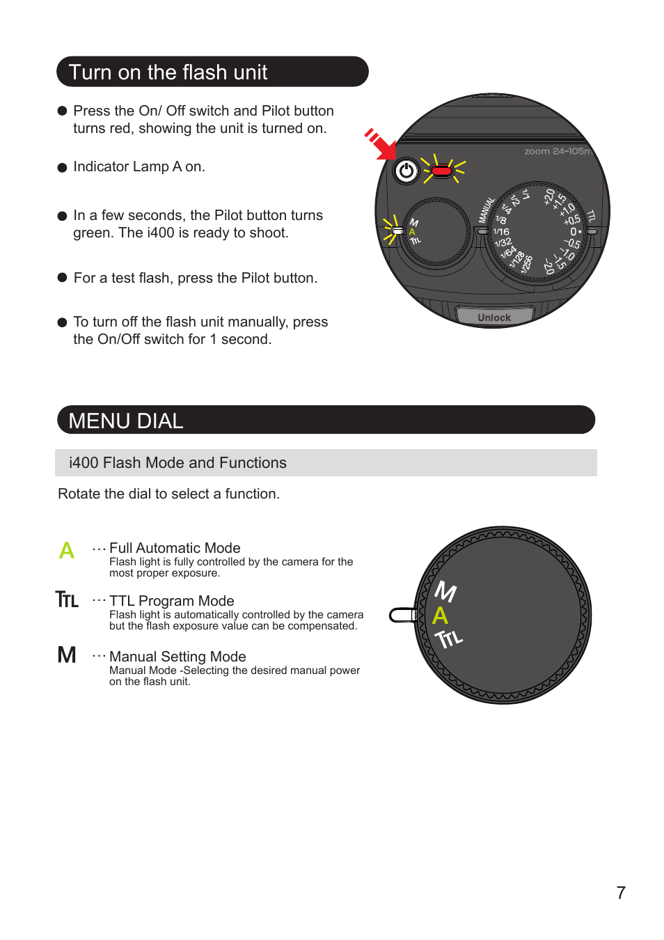 Turn on the flash unit, Menu dial | Nissin i400 TTL Flash for Cameras User Manual | Page 8 / 20
