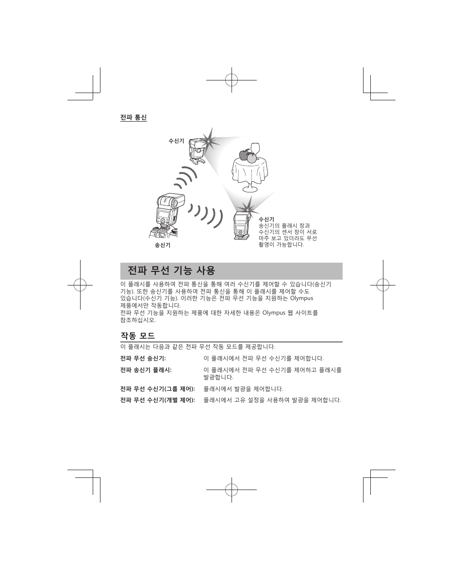 전파 무선 기능 사용, 작동 모드 | Olympus FL-700WR Electronic Flash User Manual | Page 180 / 300