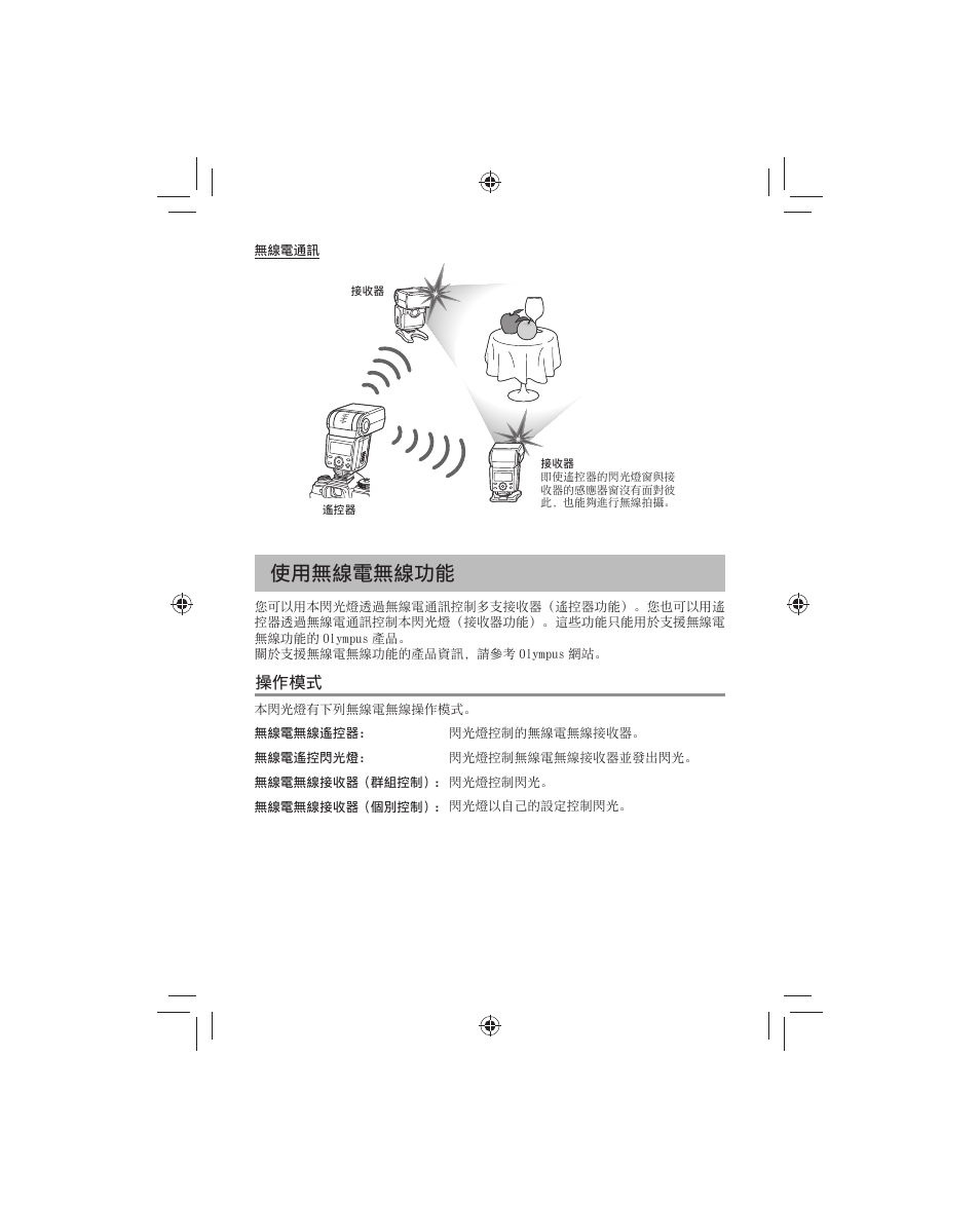 使⽤無線電無線功能, 操作模式 | Olympus FL-700WR Electronic Flash User Manual | Page 212 / 300