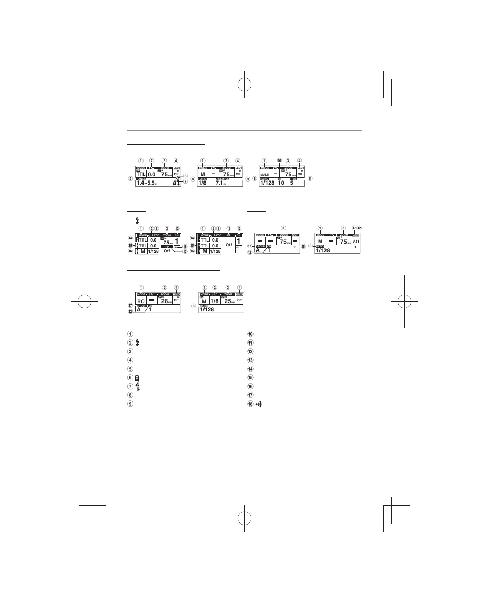 Display (control panel), Flash modes (p. 43 to 46), Optical wireless modes (p. 56) | Ttl/fp ttl mode m/fp m mode multi mode, Cmd mode cmd mode, X-rcv mode rcv mode, Sl m mode rc mode | Olympus FL-700WR Electronic Flash User Manual | Page 38 / 300