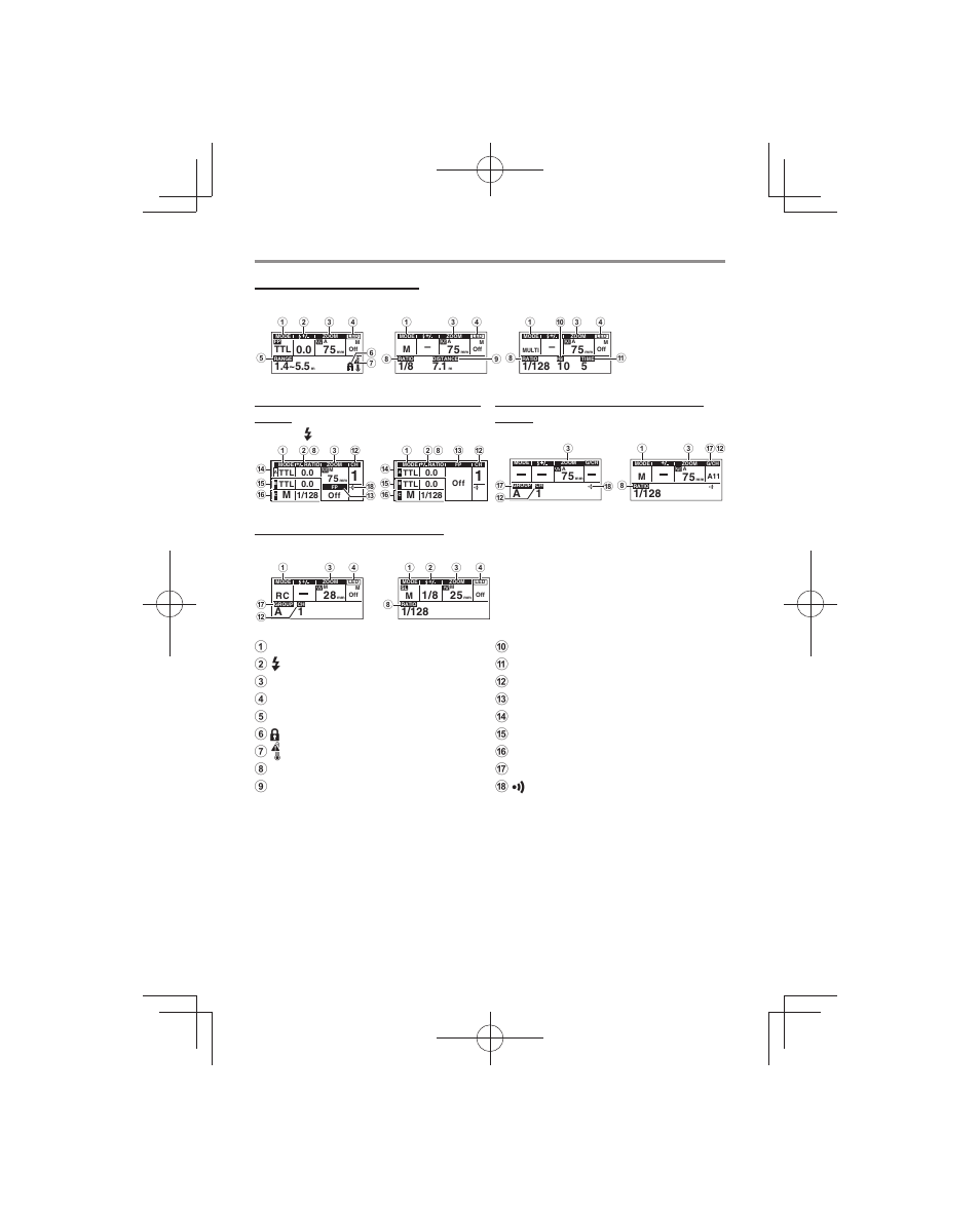 Affi chage (écran de commande), Modes de fl ash (p. 77 à 80), Modes optiques sans fi l (p. 90) | Mode ttl/fp ttl mode m/fp m mode multi, Mode # cmd mode cmd, Mode x-rcv mode rcv, Mode sl m mode rc | Olympus FL-700WR Electronic Flash User Manual | Page 72 / 300