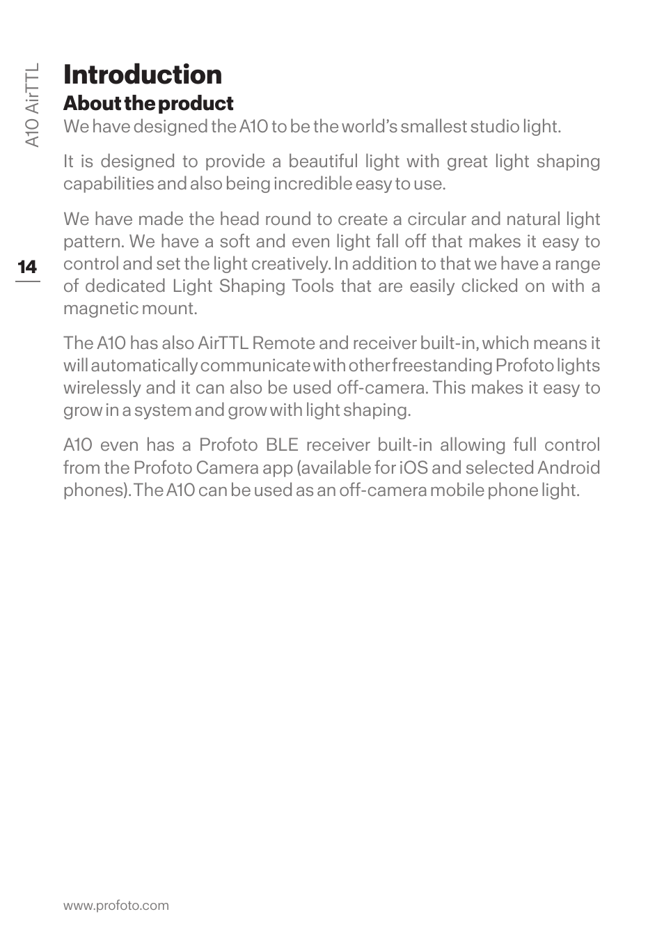 Introduction, About the product | Profoto A10 AirTTL-C Studio Light for Canon User Manual | Page 14 / 52