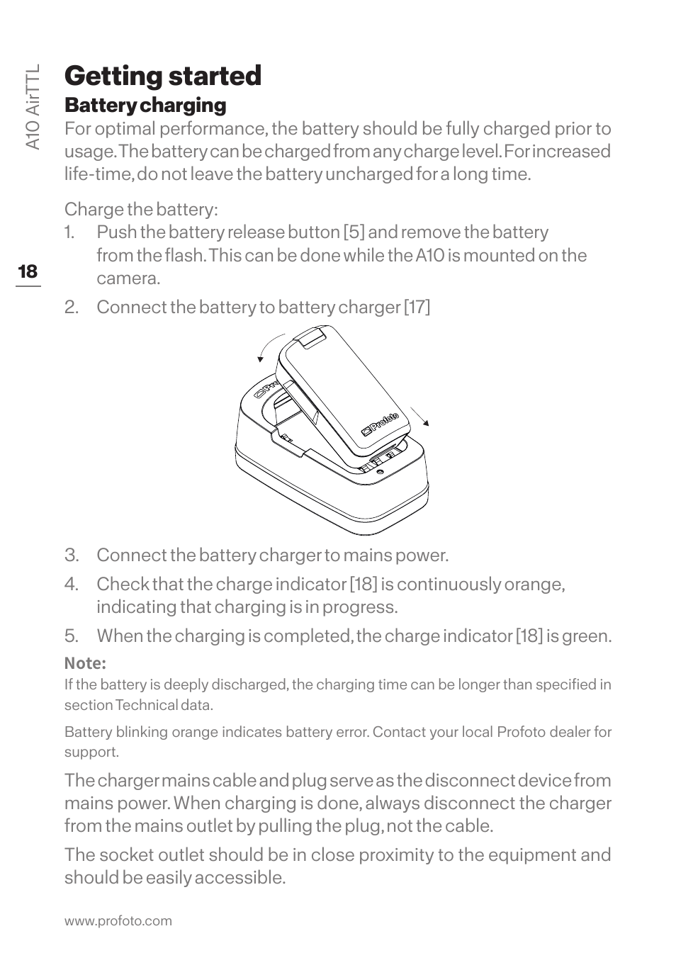 Getting started, Battery charging | Profoto A10 AirTTL-C Studio Light for Canon User Manual | Page 18 / 52