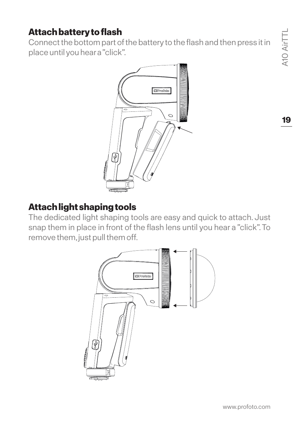 Attach battery to flash, Attach light shaping tools, Attach battery to flash attach light shaping tools | Profoto A10 AirTTL-C Studio Light for Canon User Manual | Page 19 / 52