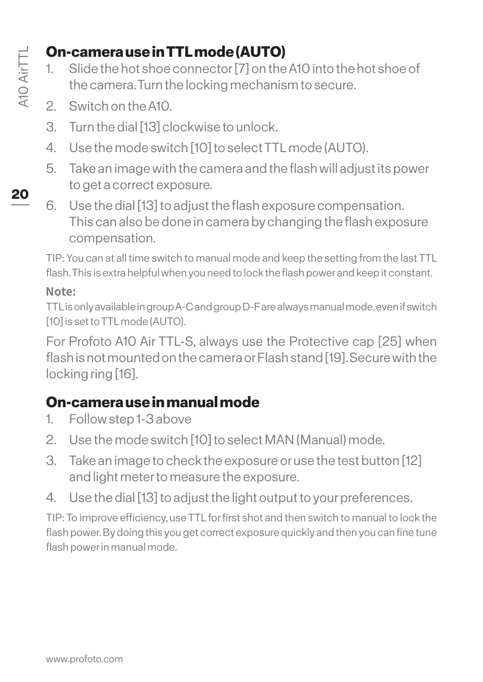 On-camera use in ttl mode (auto), On-camera use in manual mode | Profoto A10 AirTTL-C Studio Light for Canon User Manual | Page 20 / 52
