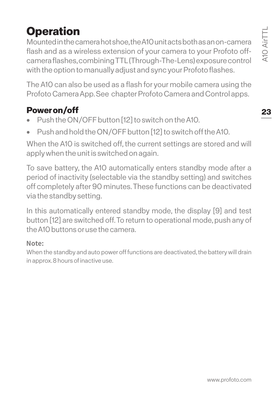 Operation, Power on/off | Profoto A10 AirTTL-C Studio Light for Canon User Manual | Page 23 / 52