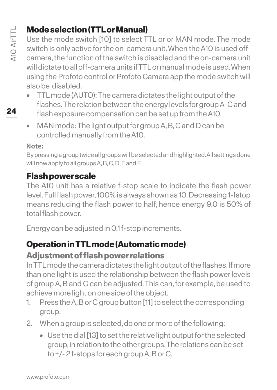 Mode selection (ttl or manual), Energy scale, Operation in ttl mode (automatic mode) | Scale operation in ttl mode (automatic mode) | Profoto A10 AirTTL-C Studio Light for Canon User Manual | Page 24 / 52