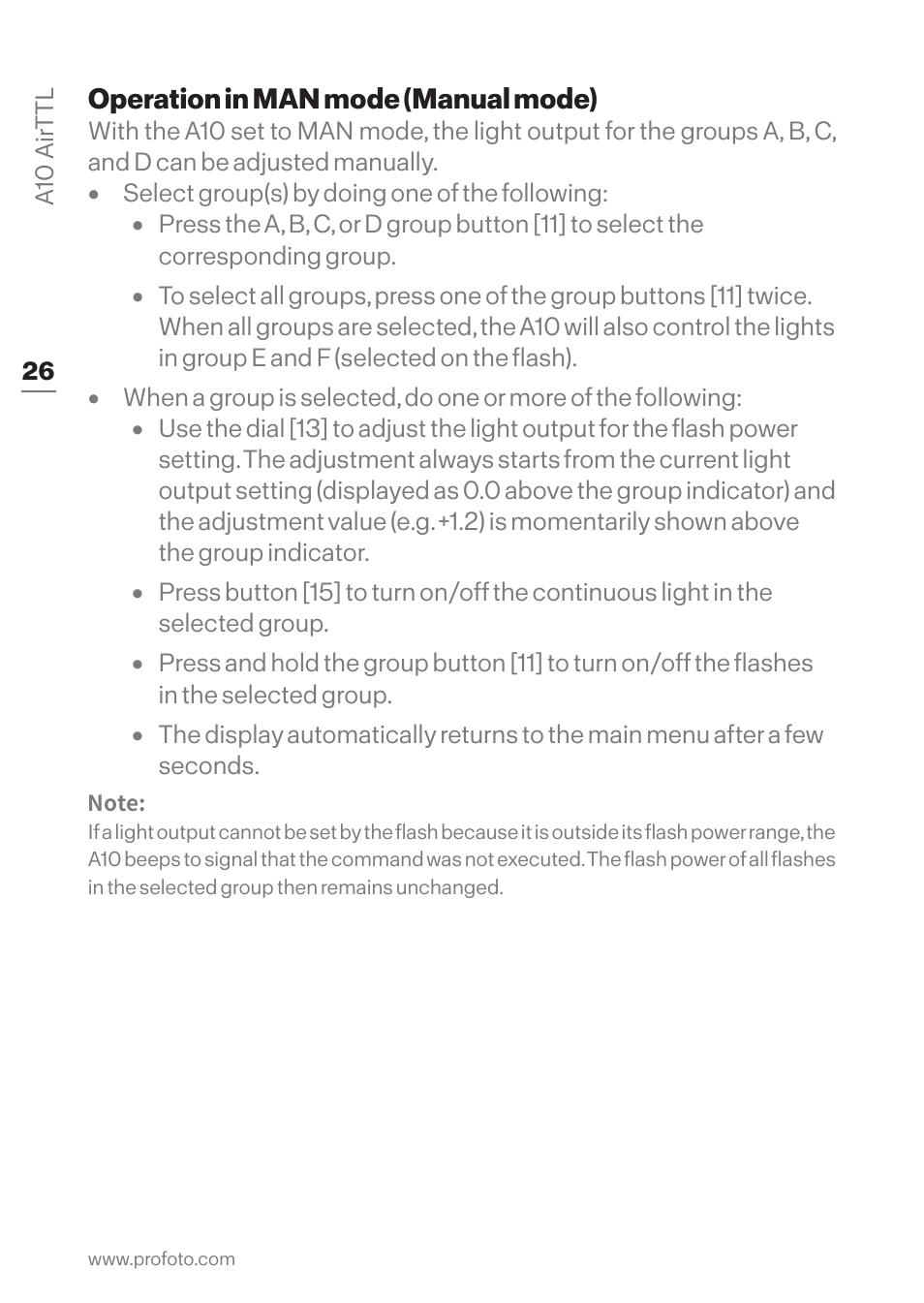 Operation in man mode (manual mode) | Profoto A10 AirTTL-C Studio Light for Canon User Manual | Page 26 / 52