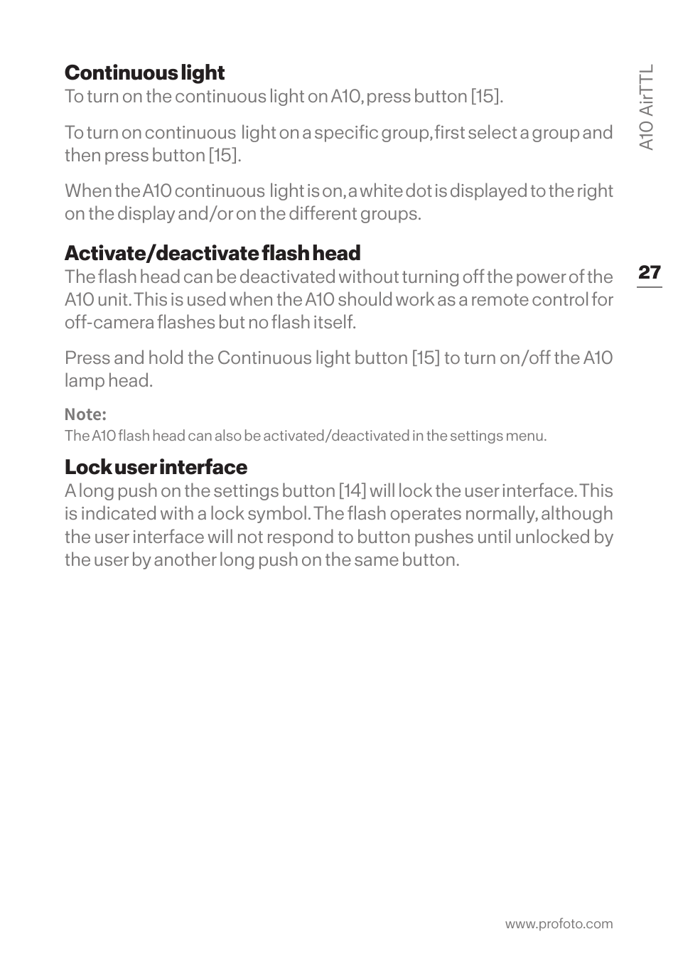 Continuous light, Activate/deactivate flash head, Lock user interface | Profoto A10 AirTTL-C Studio Light for Canon User Manual | Page 27 / 52