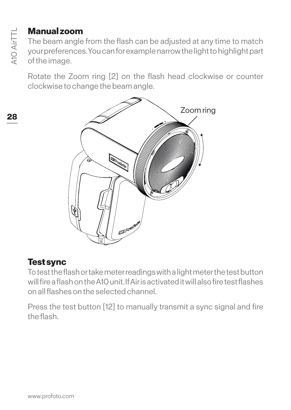 Manual zoom, Test sync, Manual zoom test sync | Profoto A10 AirTTL-C Studio Light for Canon User Manual | Page 28 / 52