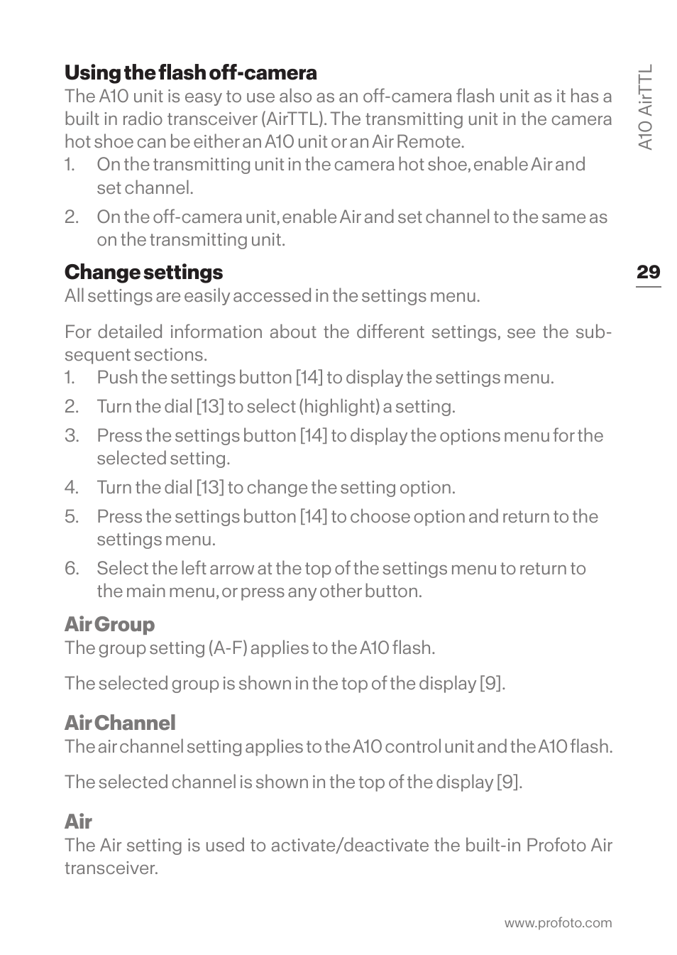 Using the flash off-camera, Change settings | Profoto A10 AirTTL-C Studio Light for Canon User Manual | Page 29 / 52