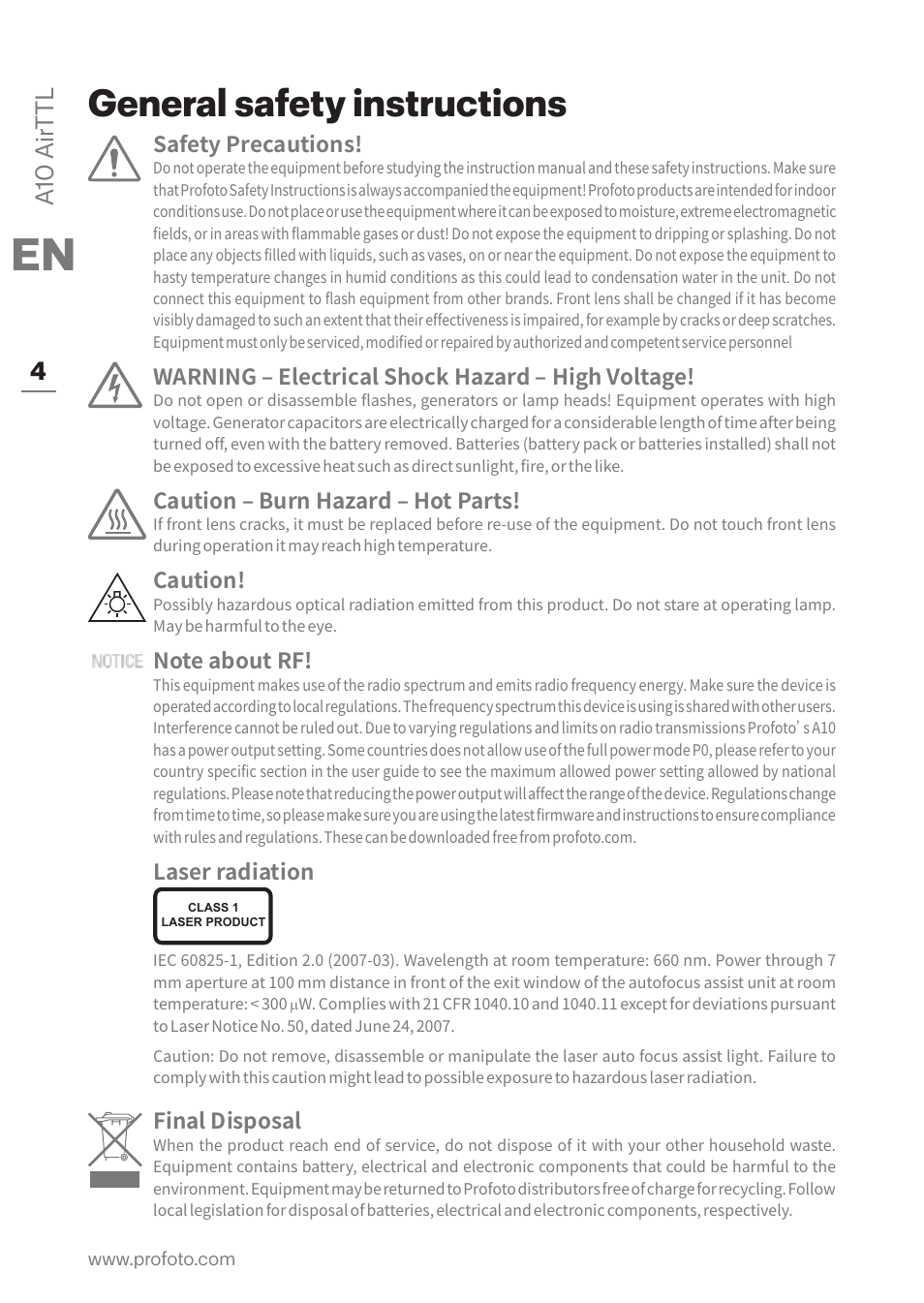 General safety instructions, A10 air ttl 4, Safety precautions | Warning – electrical shock hazard – high voltage, Caution – burn hazard – hot parts, Caution, Laser radiation, Final disposal | Profoto A10 AirTTL-C Studio Light for Canon User Manual | Page 4 / 52