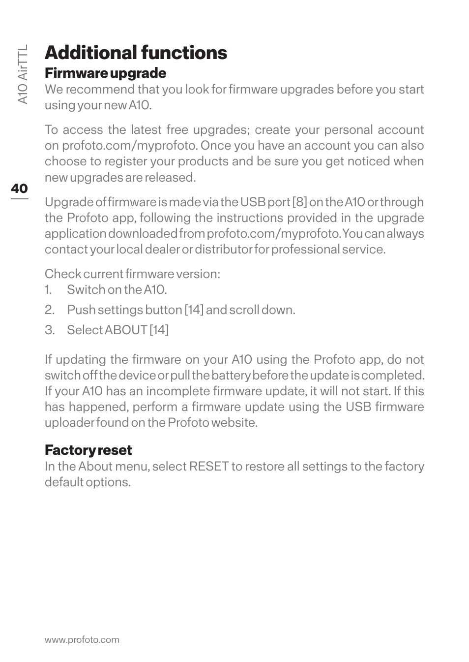 Additional functions, Firmware upgrade, Factory reset | Firmware upgrade factory reset | Profoto A10 AirTTL-C Studio Light for Canon User Manual | Page 40 / 52