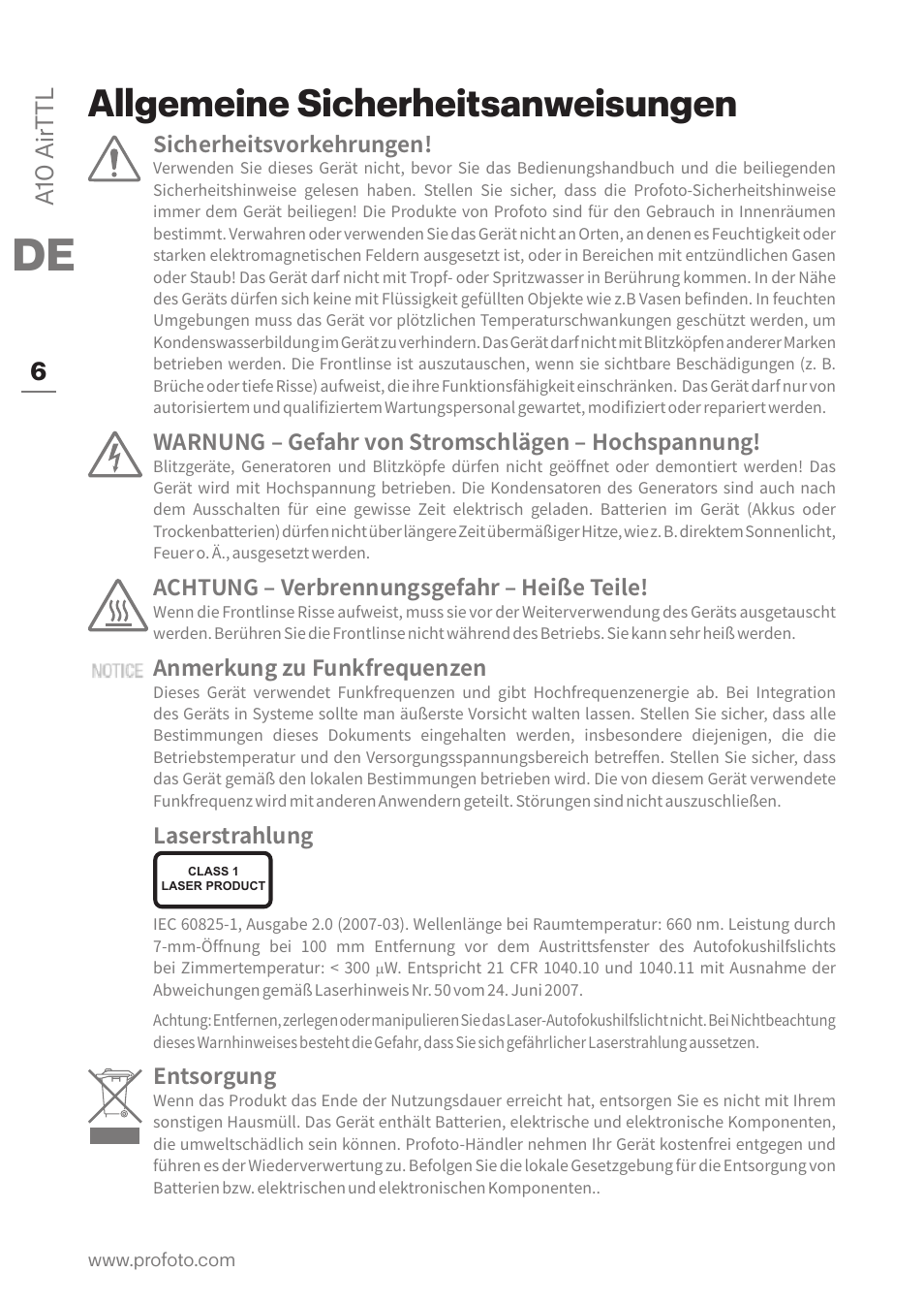 Allgemeine sicherheitsanweisungen, A10 air ttl 6, Sicherheitsvorkehrungen | Warnung – gefahr von stromschlägen – hochspannung, Achtung – verbrennungsgefahr – heiße teile, Anmerkung zu funkfrequenzen, Laserstrahlung, Entsorgung | Profoto A10 AirTTL-C Studio Light for Canon User Manual | Page 6 / 52