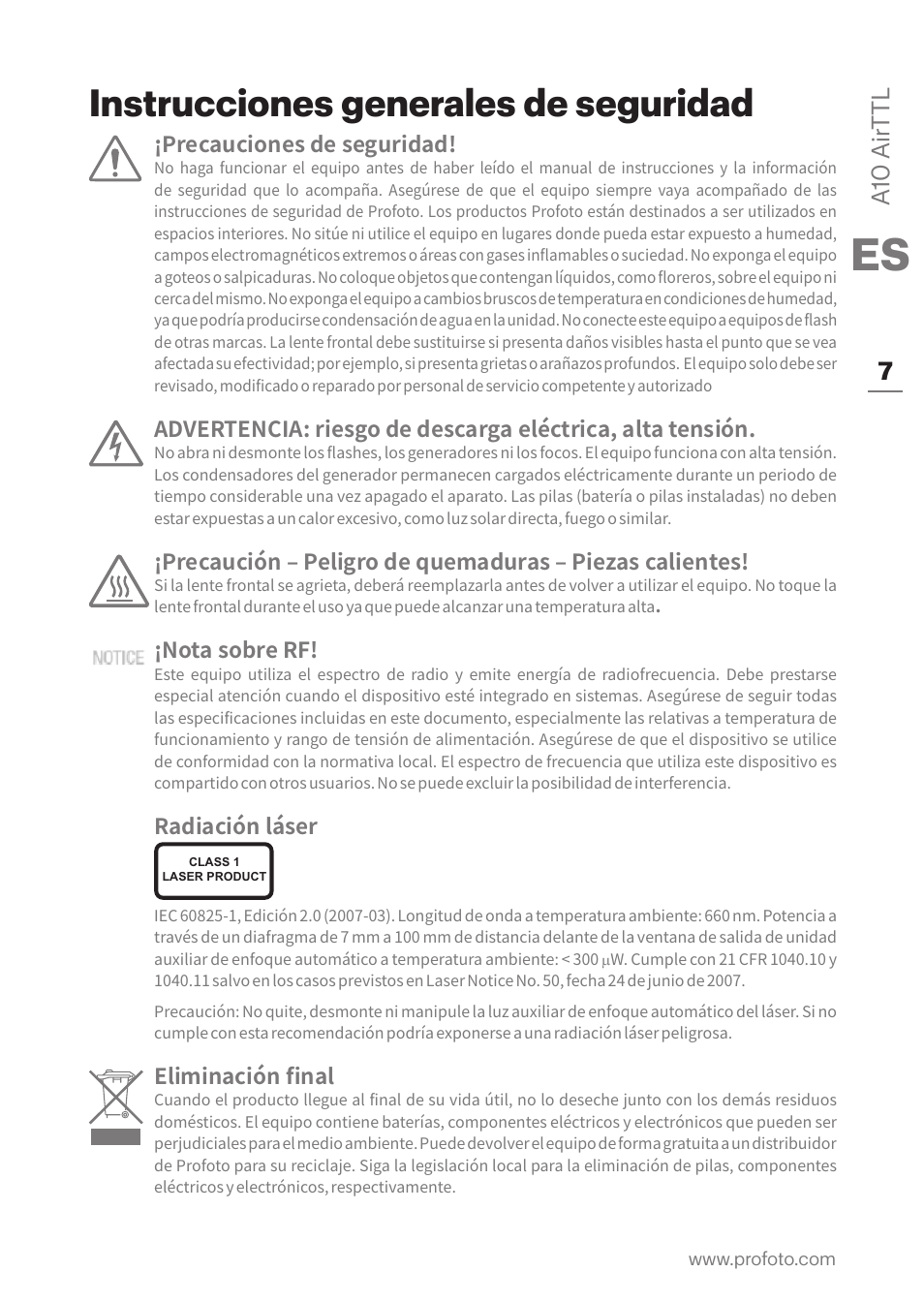 Instrucciones generales de seguridad, A10 air ttl 7, Precauciones de seguridad | Nota sobre rf, Radiación láser, Eliminación final | Profoto A10 AirTTL-C Studio Light for Canon User Manual | Page 7 / 52