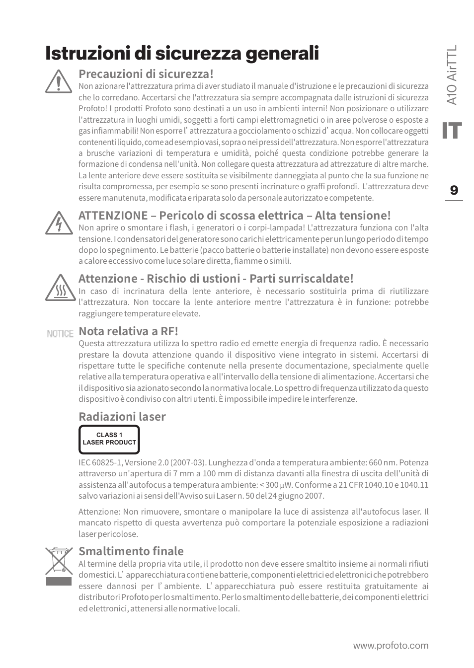 Istruzioni di sicurezza generali, A10 air ttl 9, Precauzioni di sicurezza | Nota relativa a rf, Radiazioni laser, Smaltimento finale | Profoto A10 AirTTL-C Studio Light for Canon User Manual | Page 9 / 52