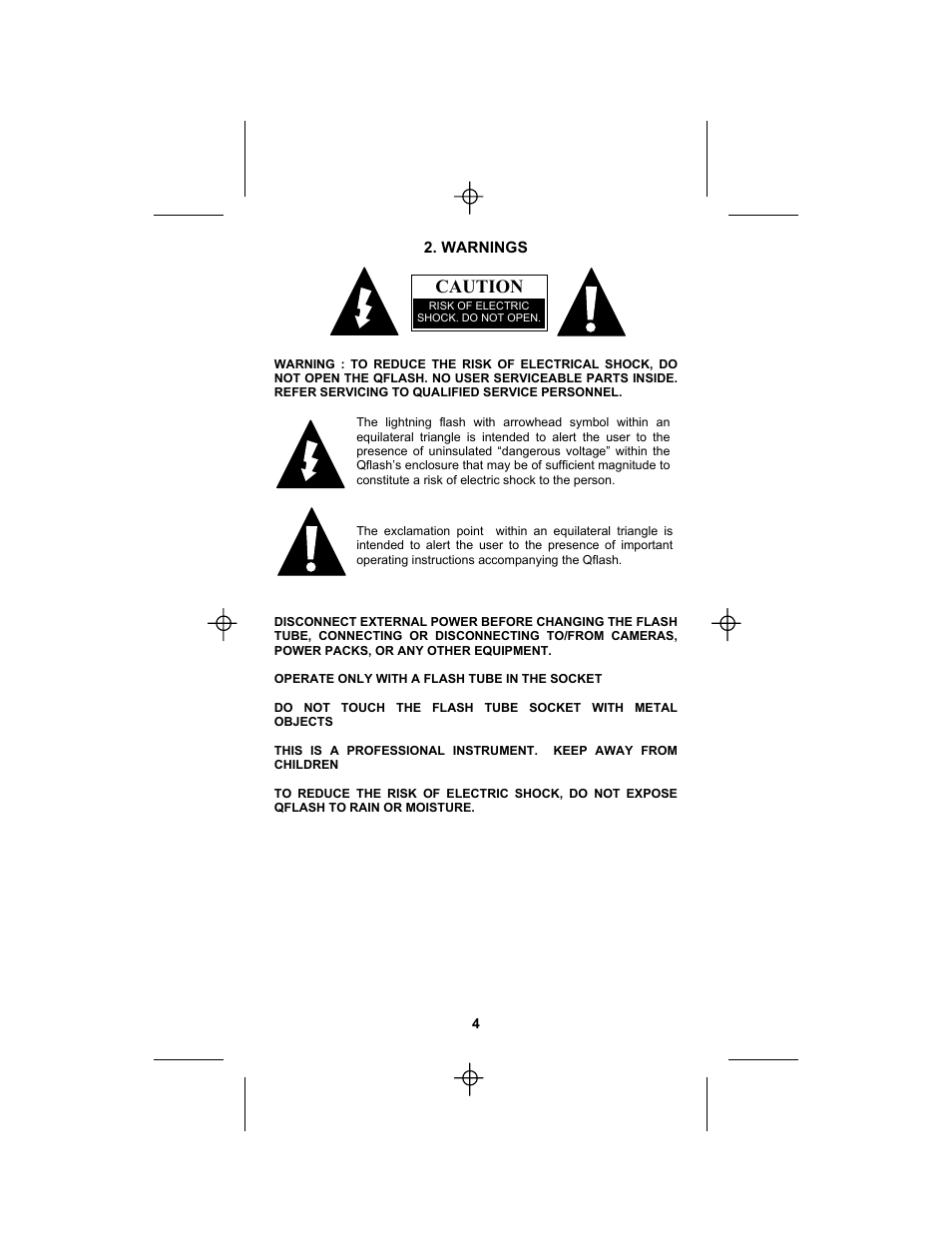 Caution | Quantum Instruments Qflash TRIO Basic Flash for Cameras User Manual | Page 6 / 40