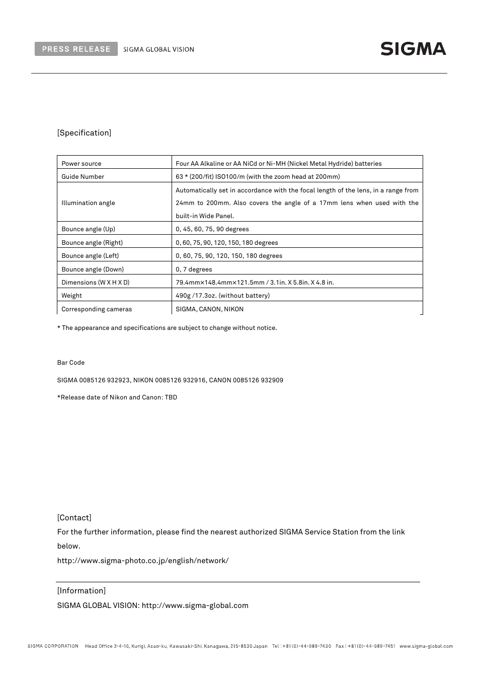 SIGMA EF-630 Electronic Flash for Cameras User Manual | Page 5 / 5