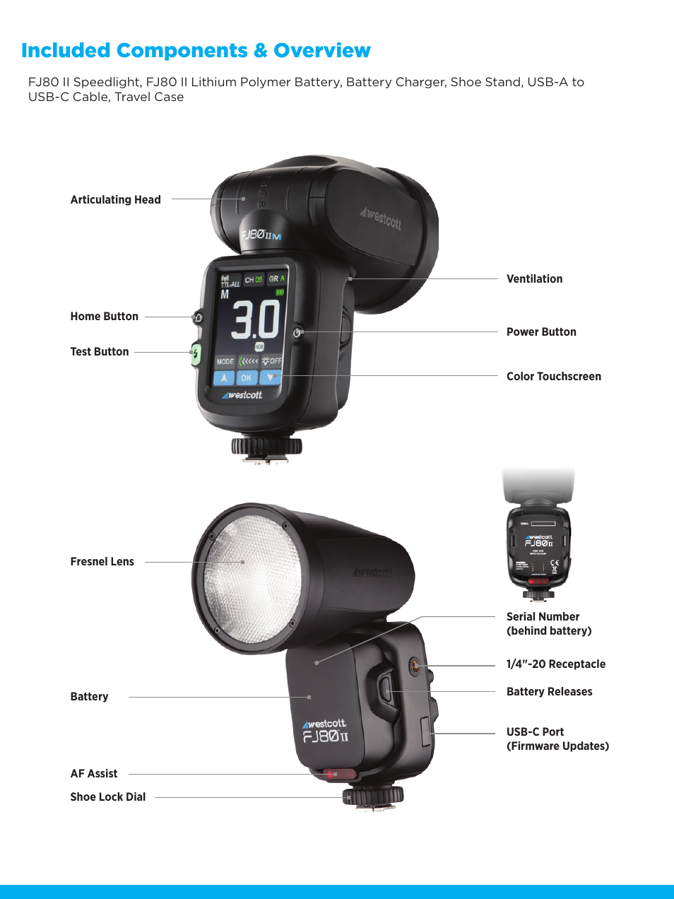 Included components & overview | Westcott FJ80 II M Universal Touchscreen 80Ws Speedlight with Adapter for Cameras User Manual | Page 2 / 8