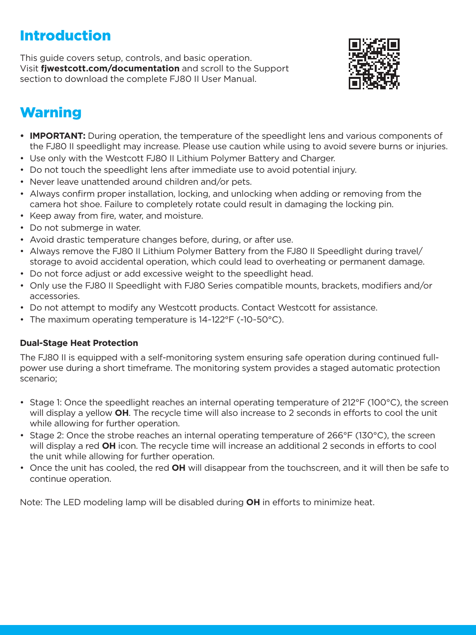 Introduction, Warning | Westcott FJ80 II M Universal Touchscreen 80Ws Speedlight with Adapter for Cameras User Manual | Page 4 / 8