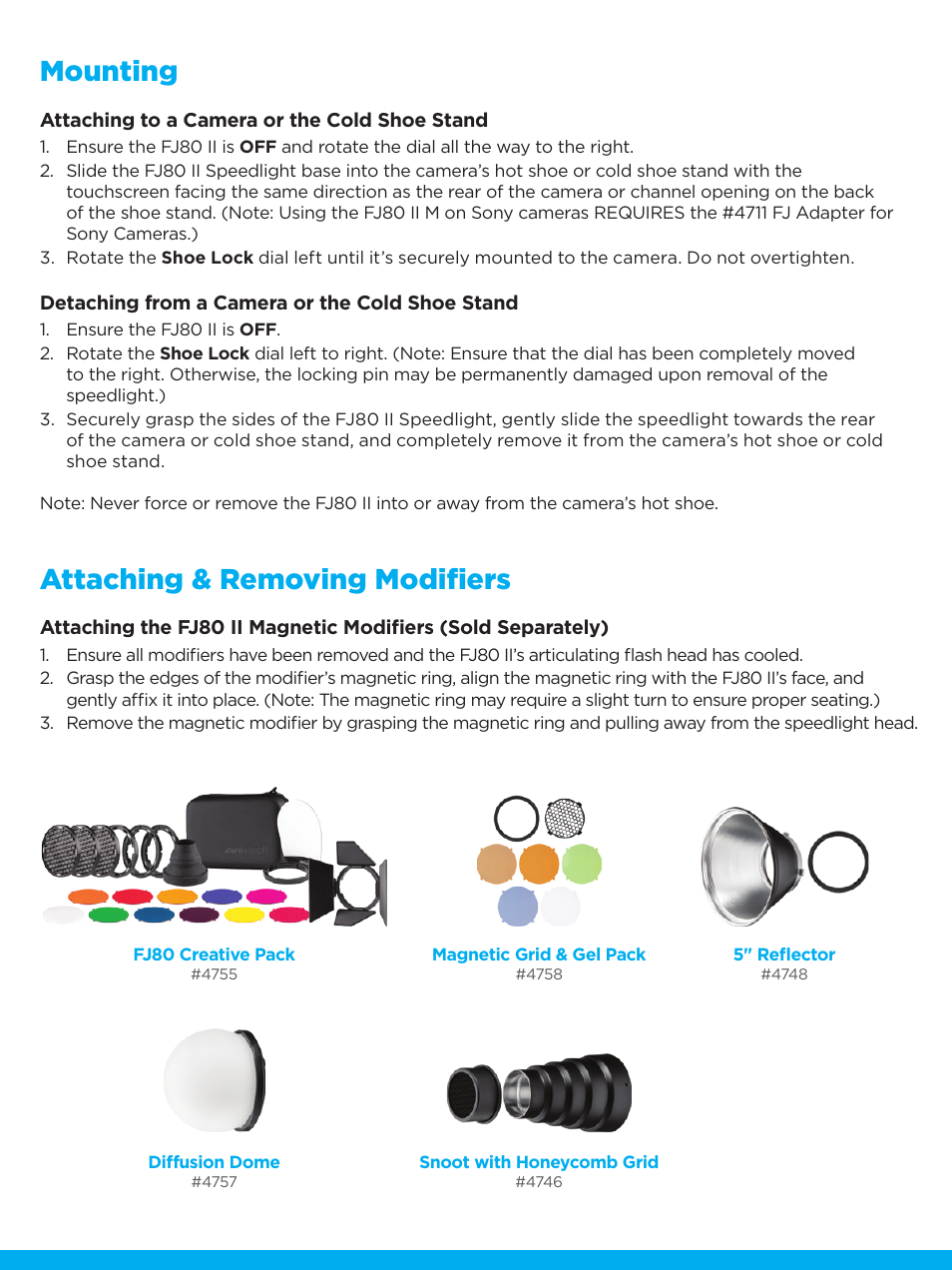 Mounting, Attaching & removing modifiers | Westcott FJ80 II M Universal Touchscreen 80Ws Speedlight with Adapter for Cameras User Manual | Page 6 / 8