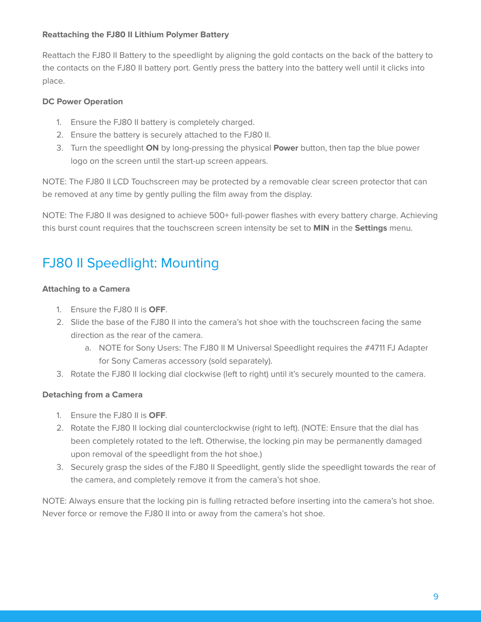 Reattaching the fj80 ii lithium polymer battery, Dc power operation, Fj80 ii speedlight: mounting | Attaching to a camera, Detaching from a camera | Westcott FJ80 II M Universal Touchscreen 80Ws Speedlight with Adapter for Cameras User Manual | Page 10 / 21