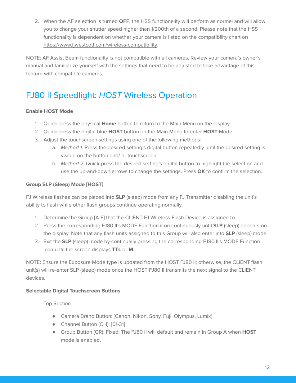 Fj80 ii speedlight: host wireless operation, Enable host mode, Group slp (sleep) mode [host | Selectable digital touchscreen buttons | Westcott FJ80 II M Universal Touchscreen 80Ws Speedlight with Adapter for Cameras User Manual | Page 13 / 21