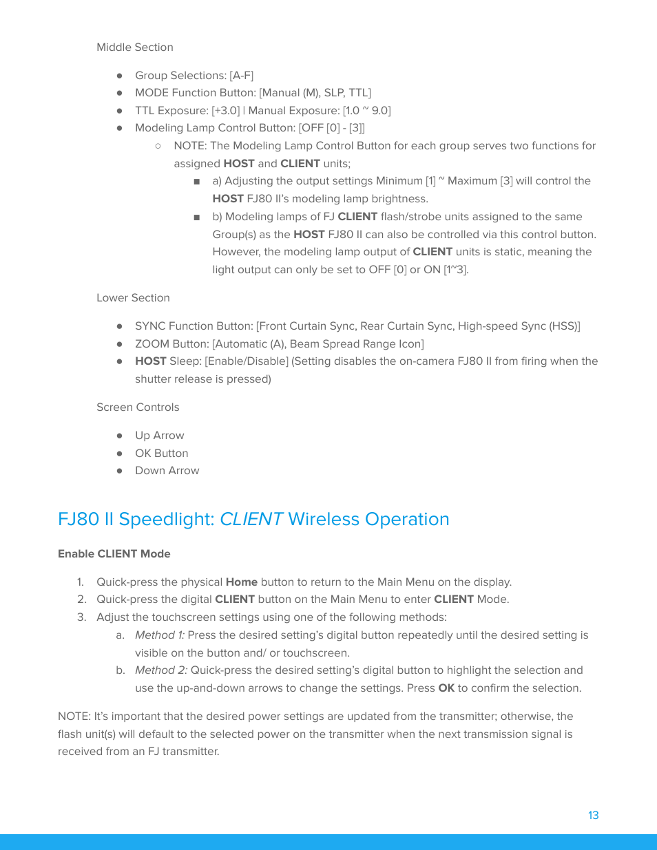 Fj80 ii speedlight: client wireless operation, Enable client mode | Westcott FJ80 II M Universal Touchscreen 80Ws Speedlight with Adapter for Cameras User Manual | Page 14 / 21